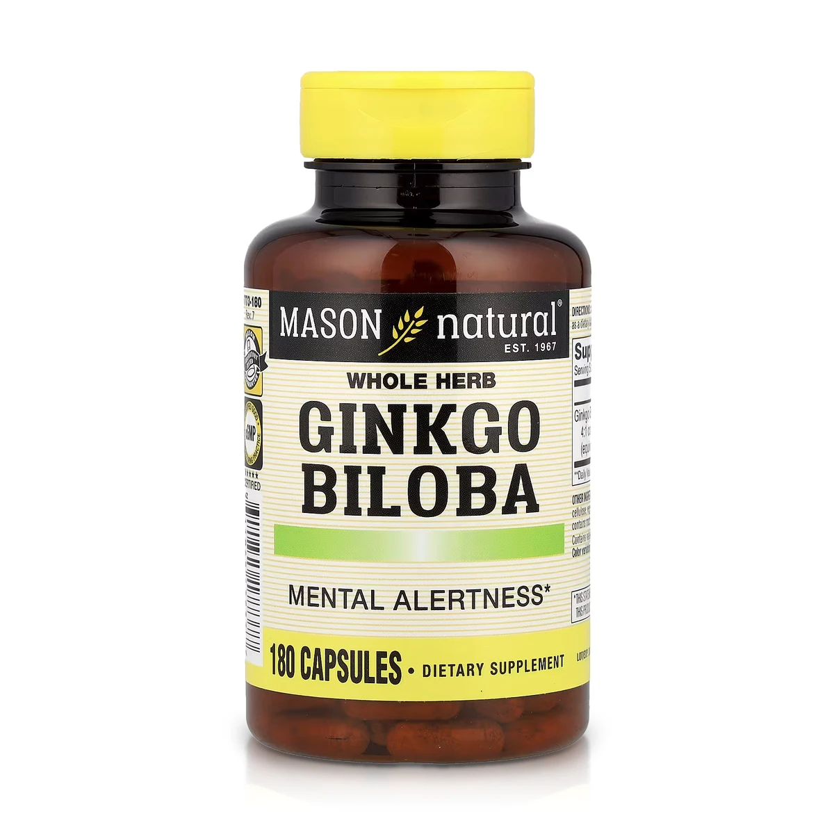 Ginkgo Biloba Hierba Entera 125 mg (180 Cápsulas) - Mason Natural