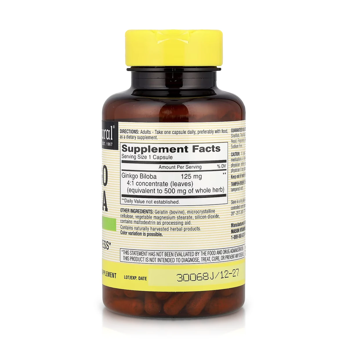 Ginkgo Biloba Hierba Entera 125 mg (180 Cápsulas) - Mason Natural