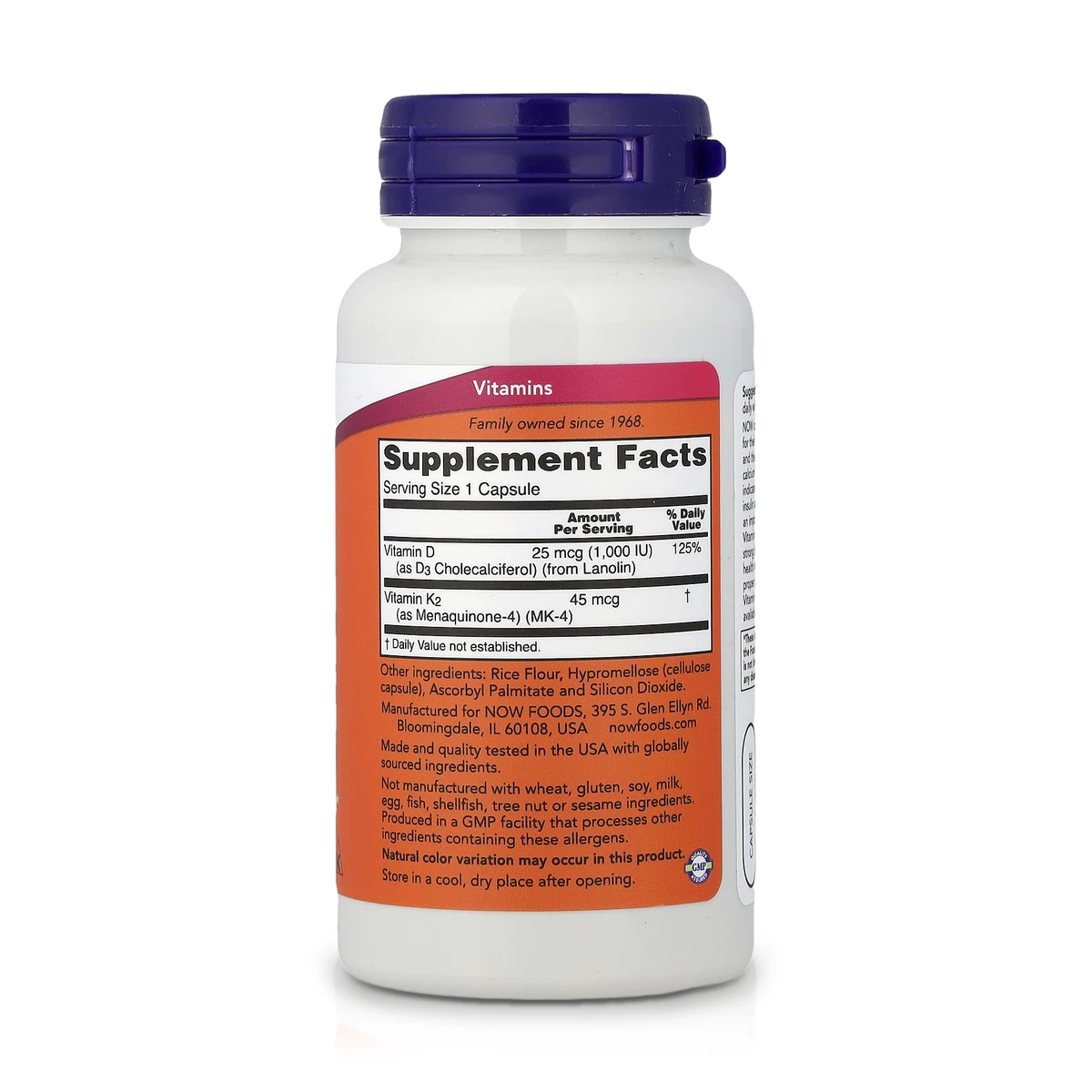Vitamina D3 + K2 1000 IU / 45 mcg (120 Cápsulas) - NOW Foods